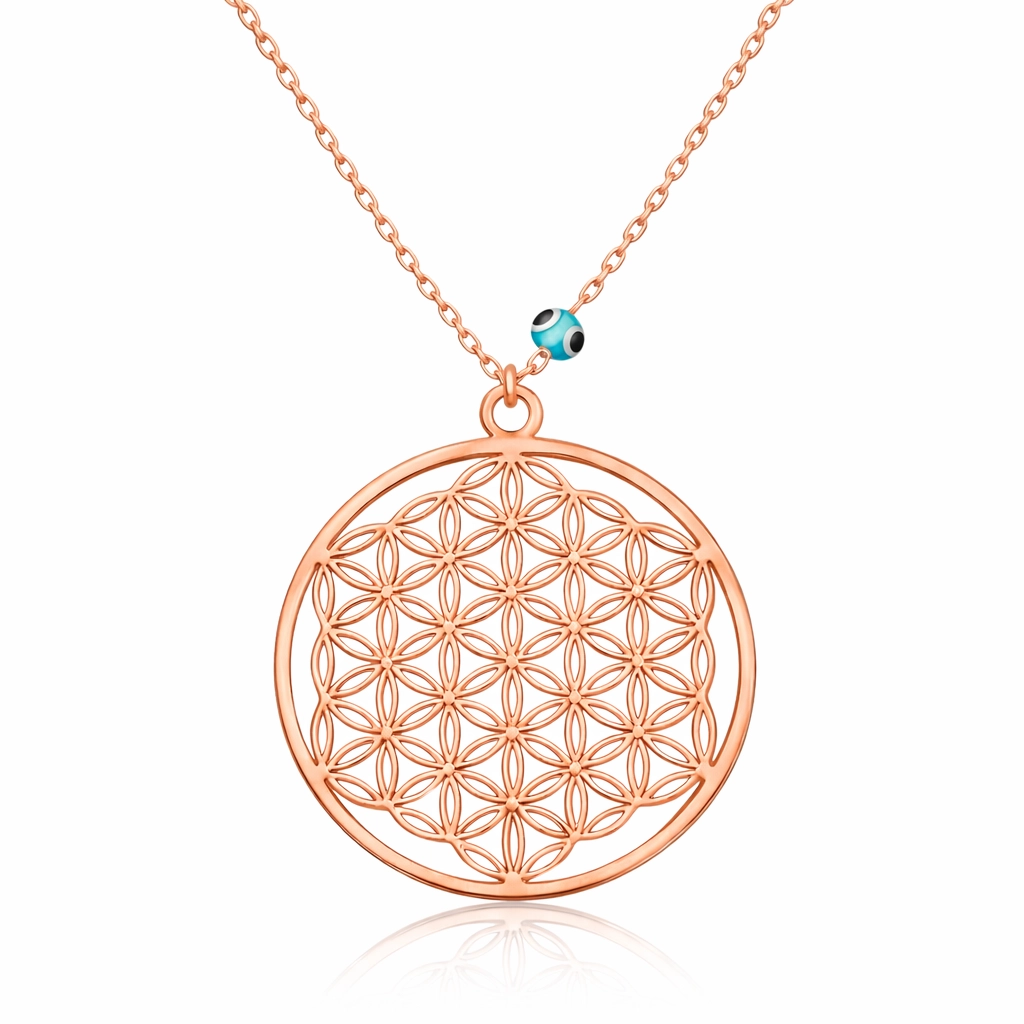 Silver Rose Evil Eye Flower of Life Necklace