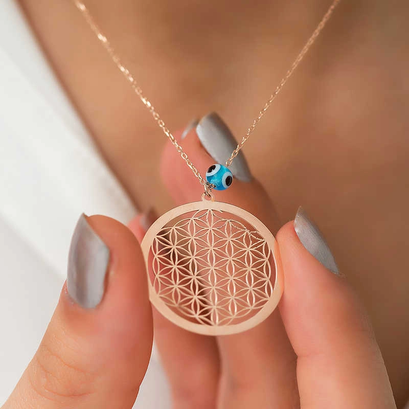 Silver Rose Evil Eye Flower of Life Necklace