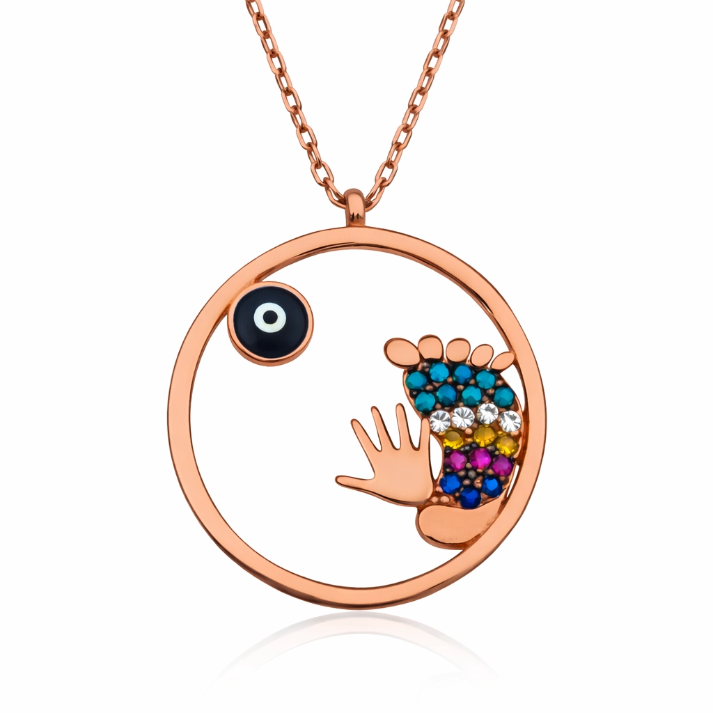 Silver Rose Evil Eye Hand and Footprint Women’s Necklace