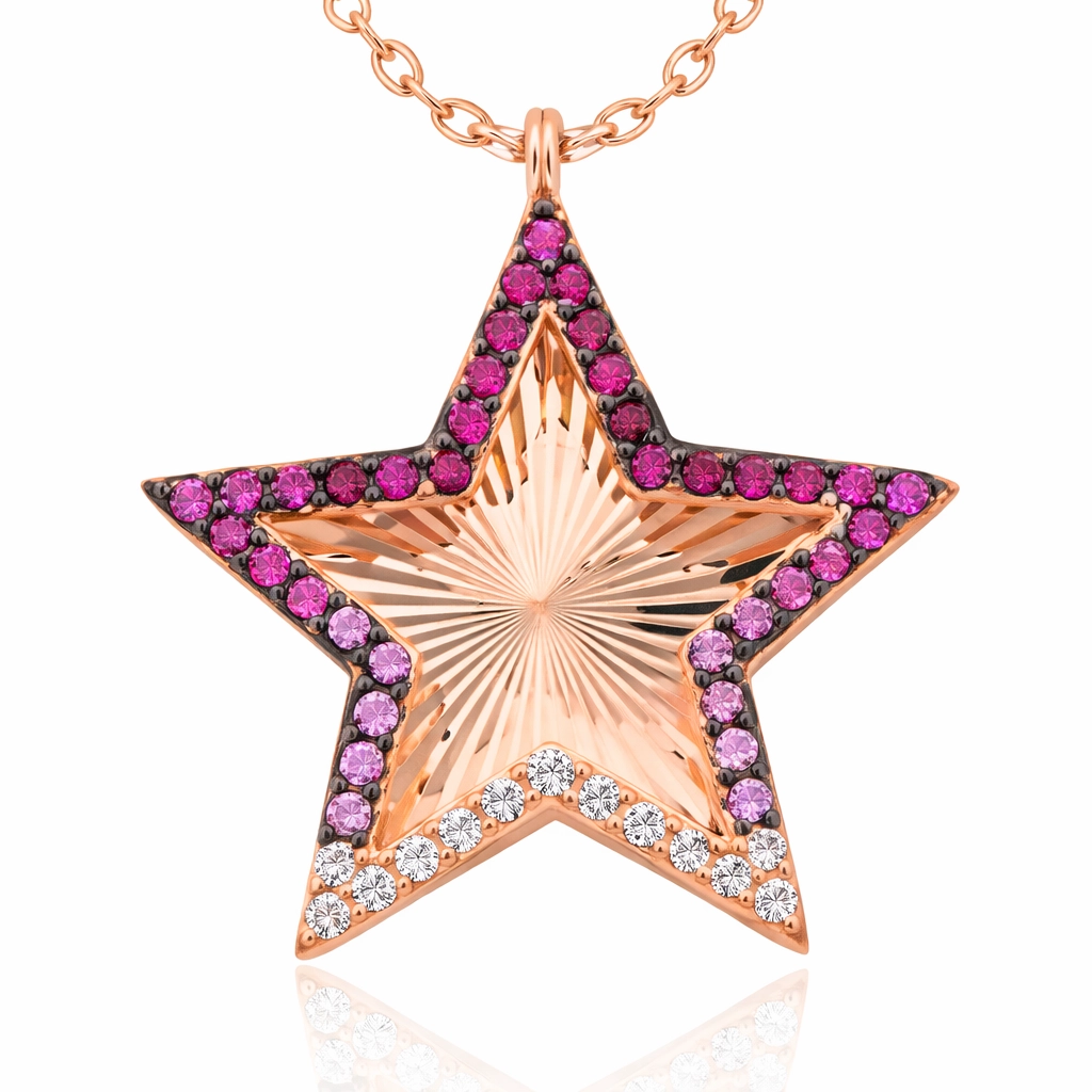 Silver Rose Pink Ruffle Patterned Star Women’s Necklace