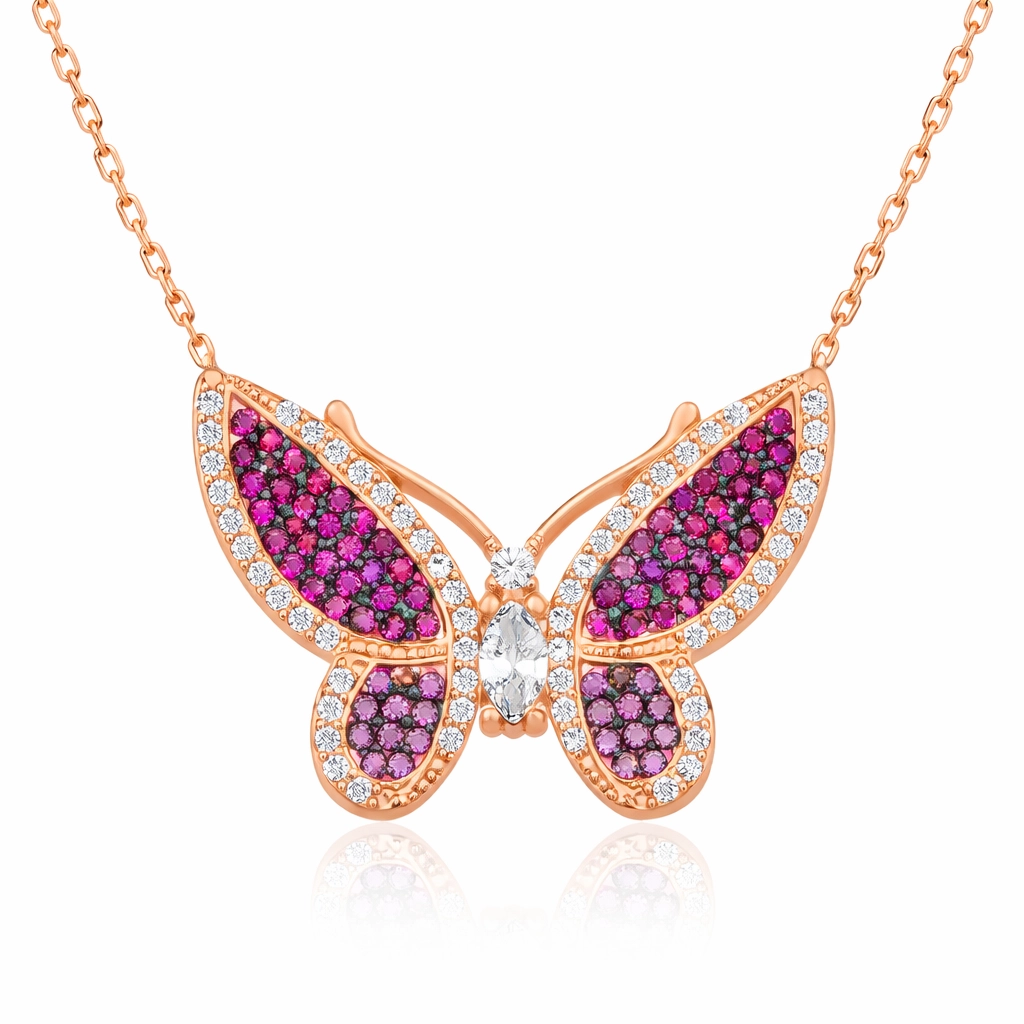 Silver Rose Pink Butterfly Women’s Necklace