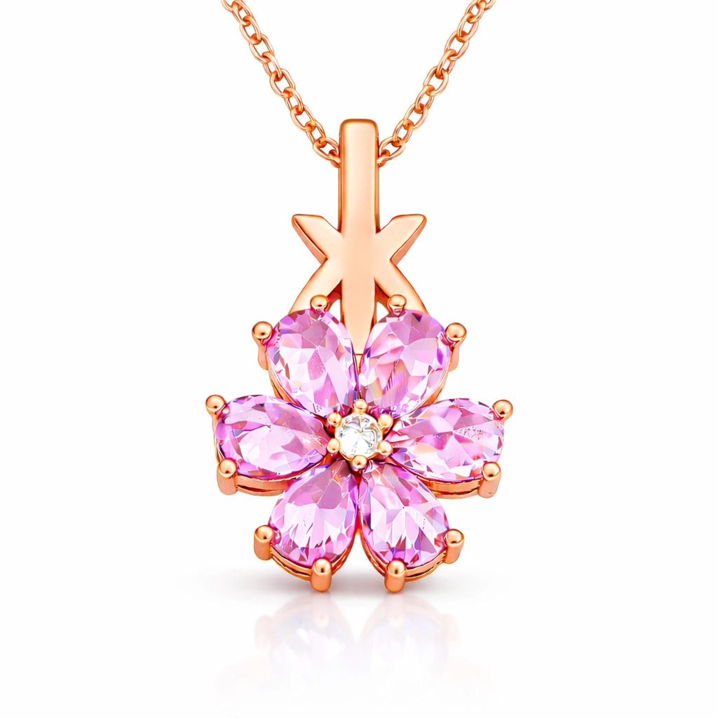 Silver Rose Pink Sevgi Flower Women's Necklace