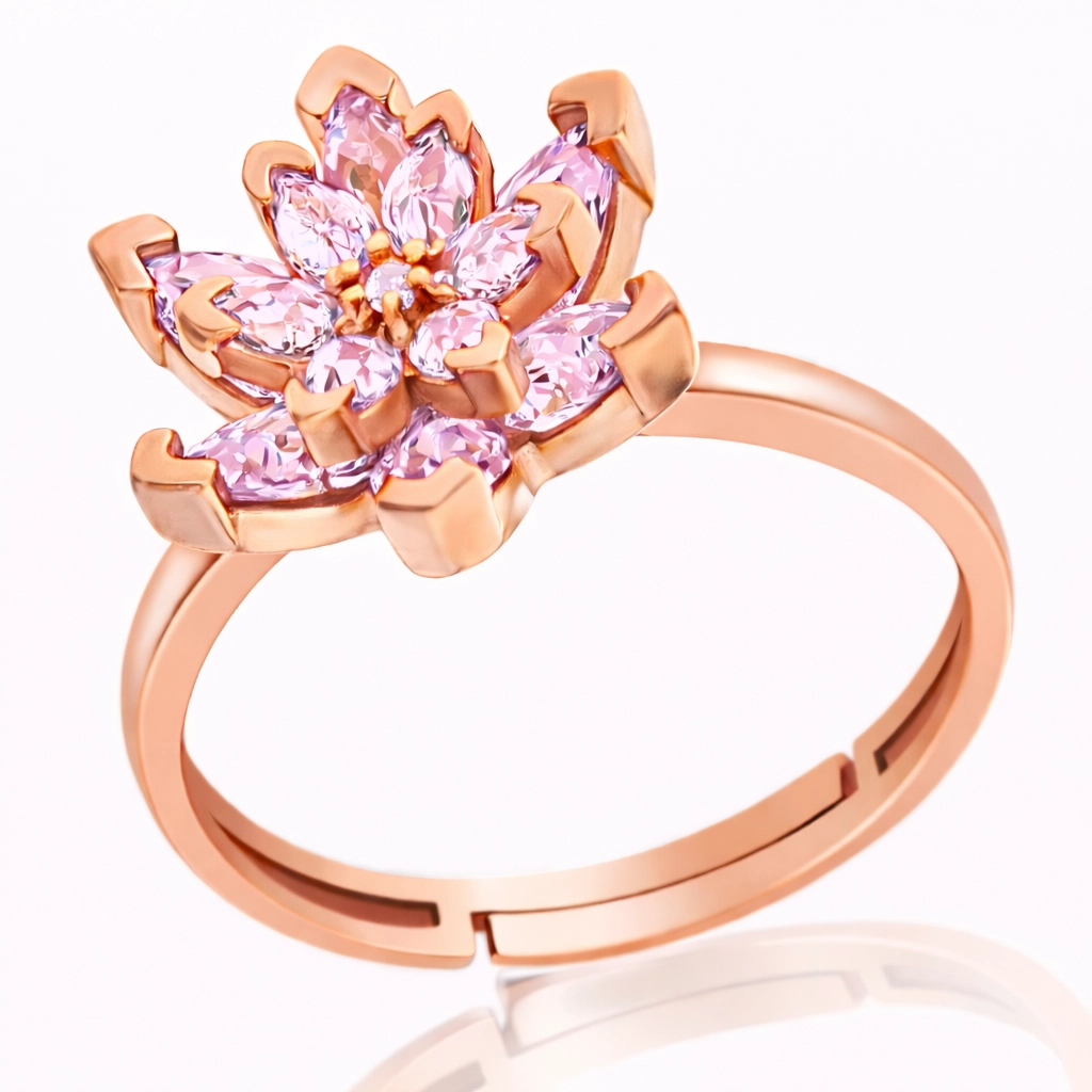 Silver Rose Pink Stone Lotus Flower Women’s Ring