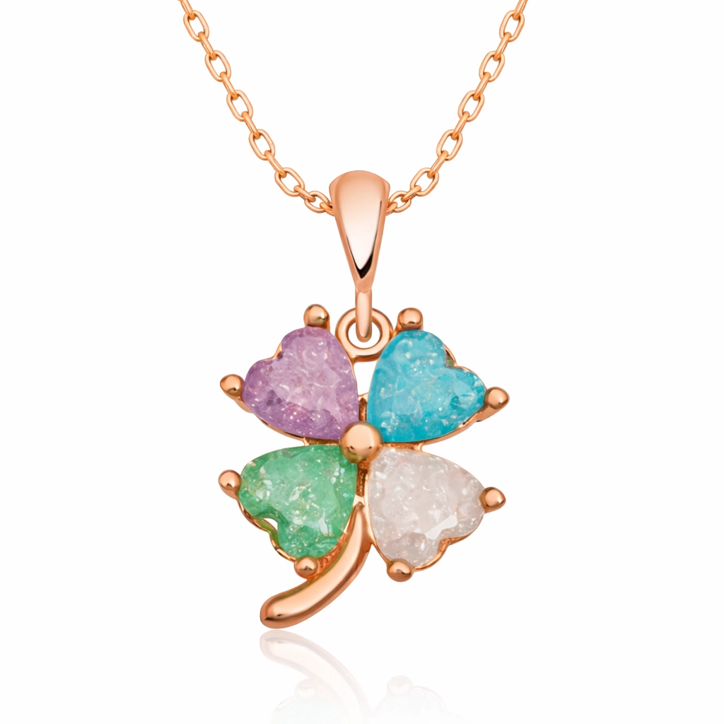 Silver Rose Color Stone Heart Clover Women’s Necklace