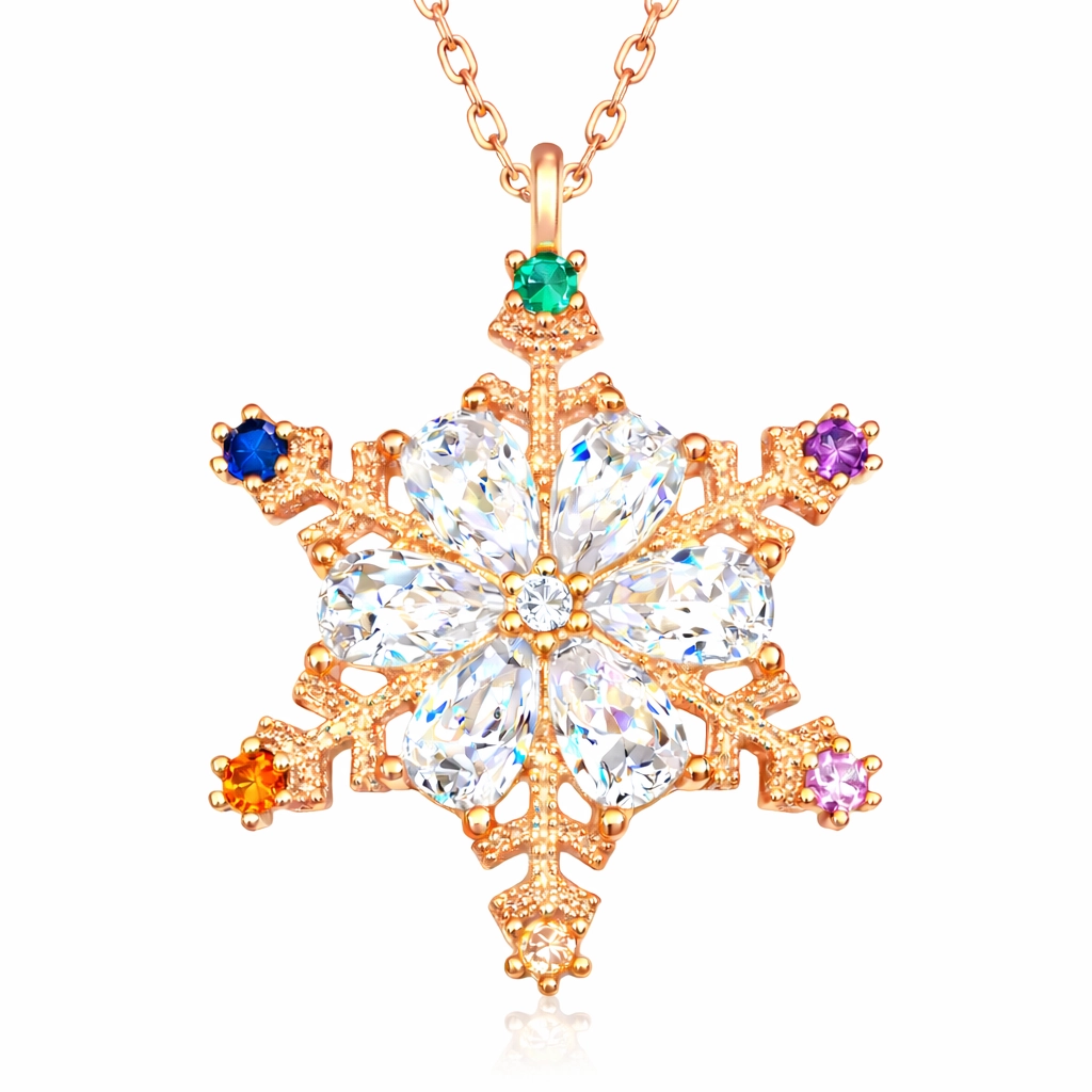 Silver Rose Colored Stone Snowflake Women’s Necklace