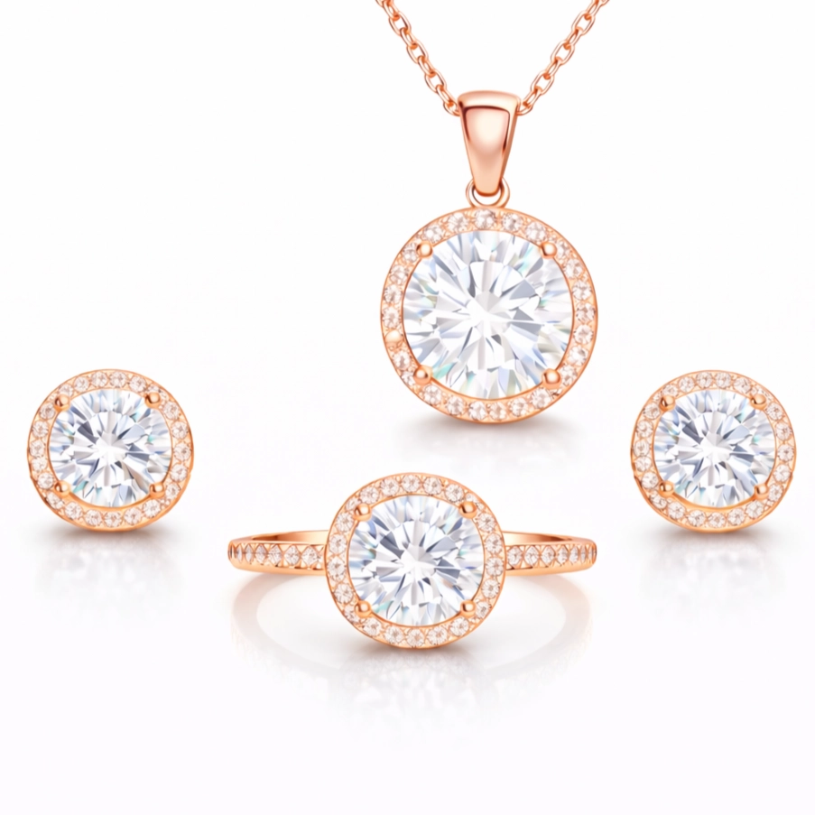 925 Sterling Silver Rose Plated Halo Set