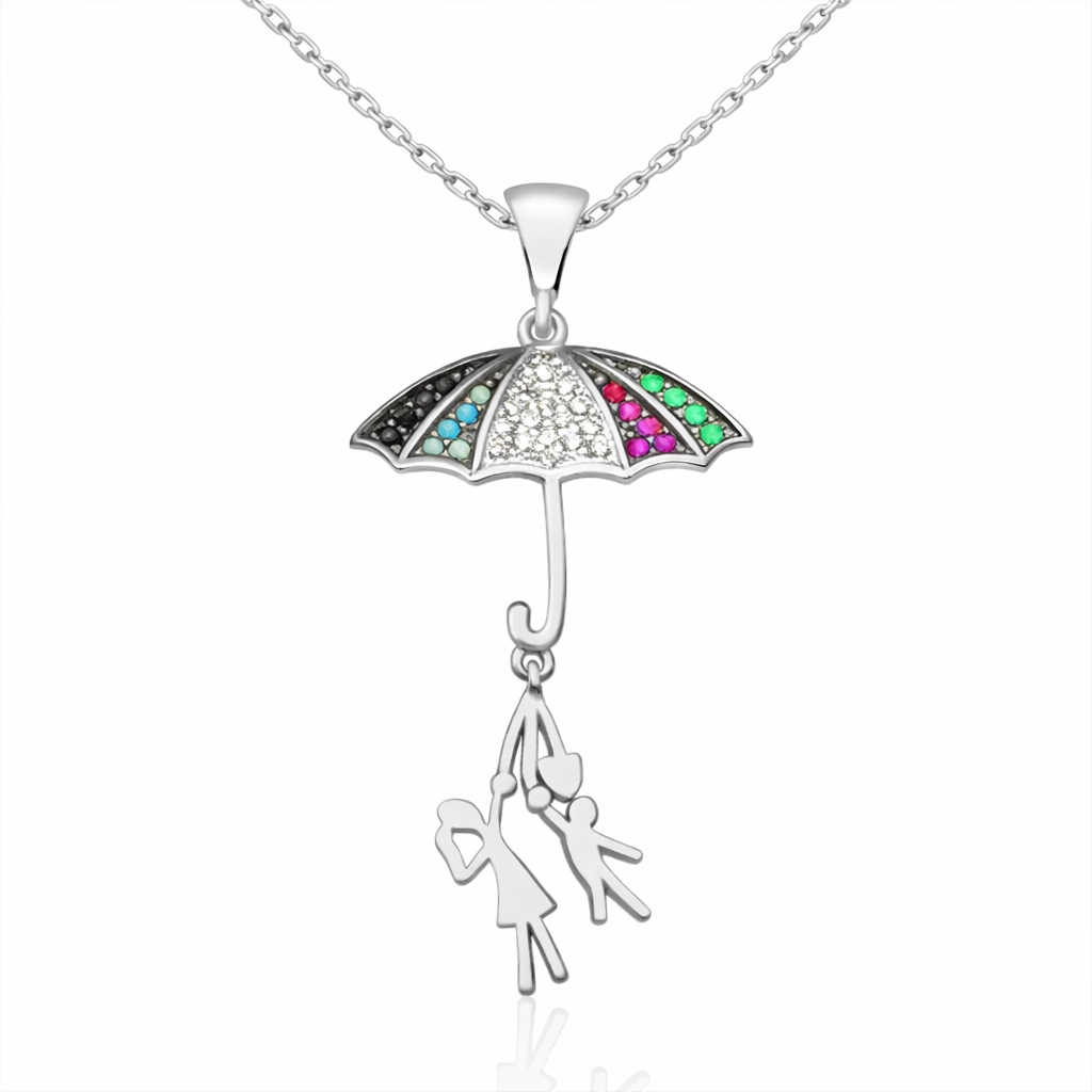 Silver Umbrella Holding Lovers Necklace