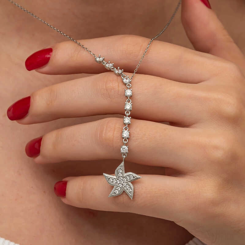 Silver Row Zircon Stone Starfish Women’s Necklace