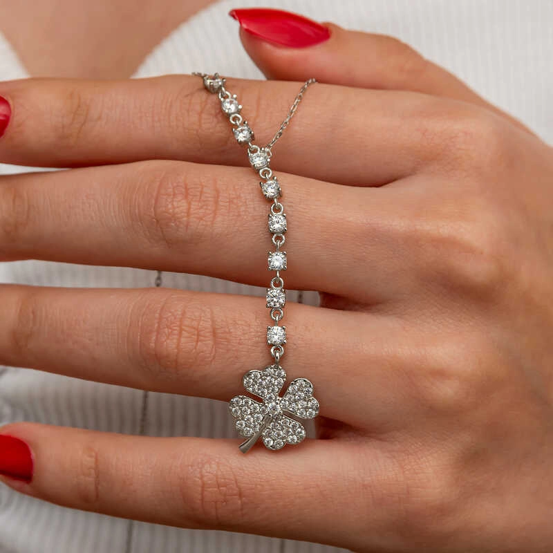 Silver Row Zircon Stone Clover Women’s Necklace