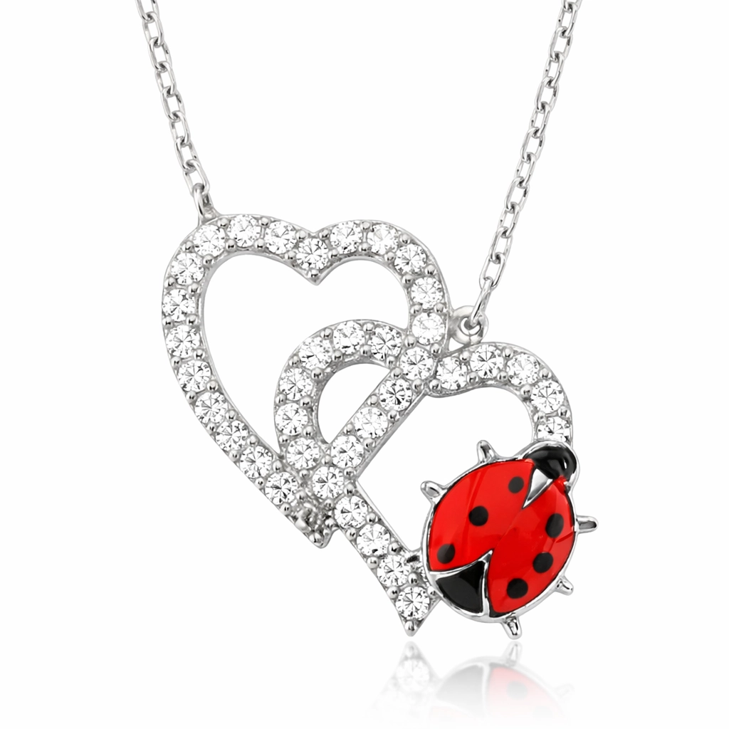 Silver Ladybug Double Heart Women’s Necklace