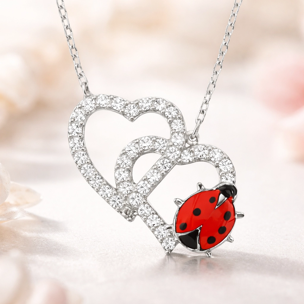 Silver Ladybug Double Heart Women’s Necklace
