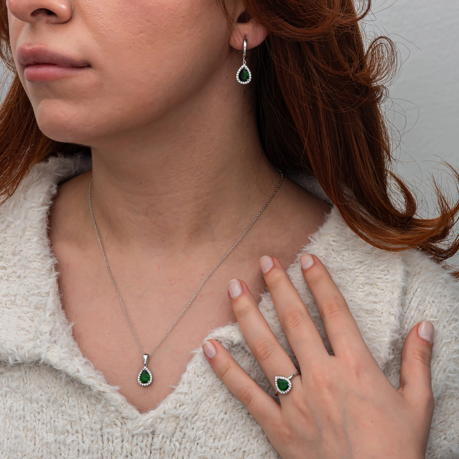 Silver 925 Green CZ Stone Teardrop Set