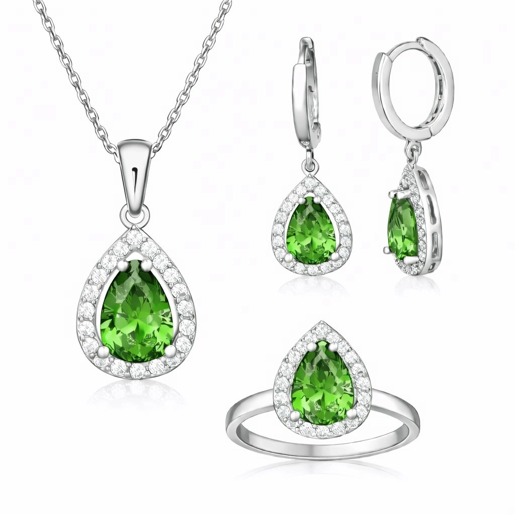 Silver 925 Green CZ Stone Teardrop Set