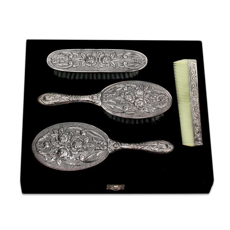 Silver Mirror Comb Brush Set - 4 Pieces