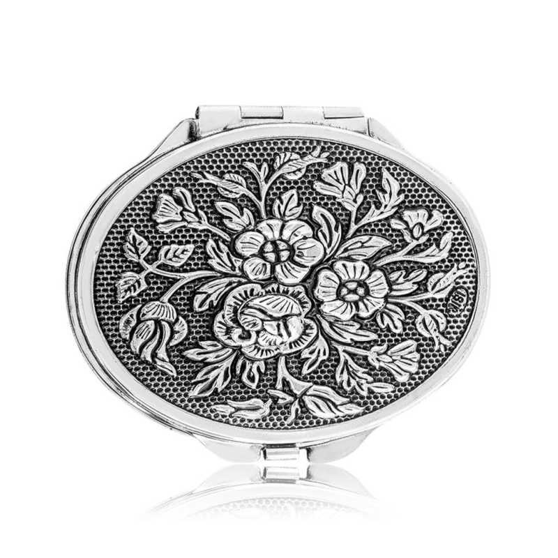 Oval Hand Mirror with Silver Rose Motif Lid