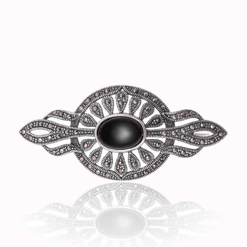 Silver Marcasite and Onyx Stone Brooch