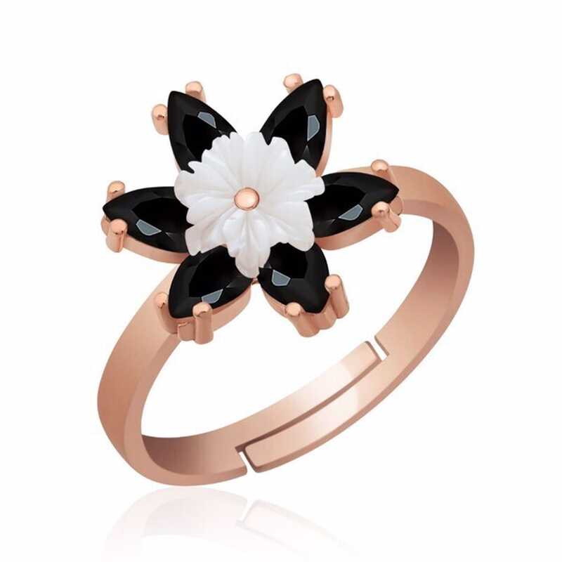 Silver Rose Black Lotus Flower Ring