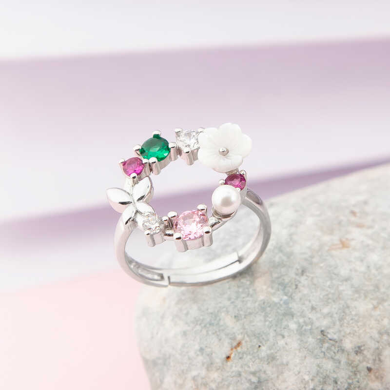 Adjustable Silver Colorful Magnolia Flower Women’s Ring