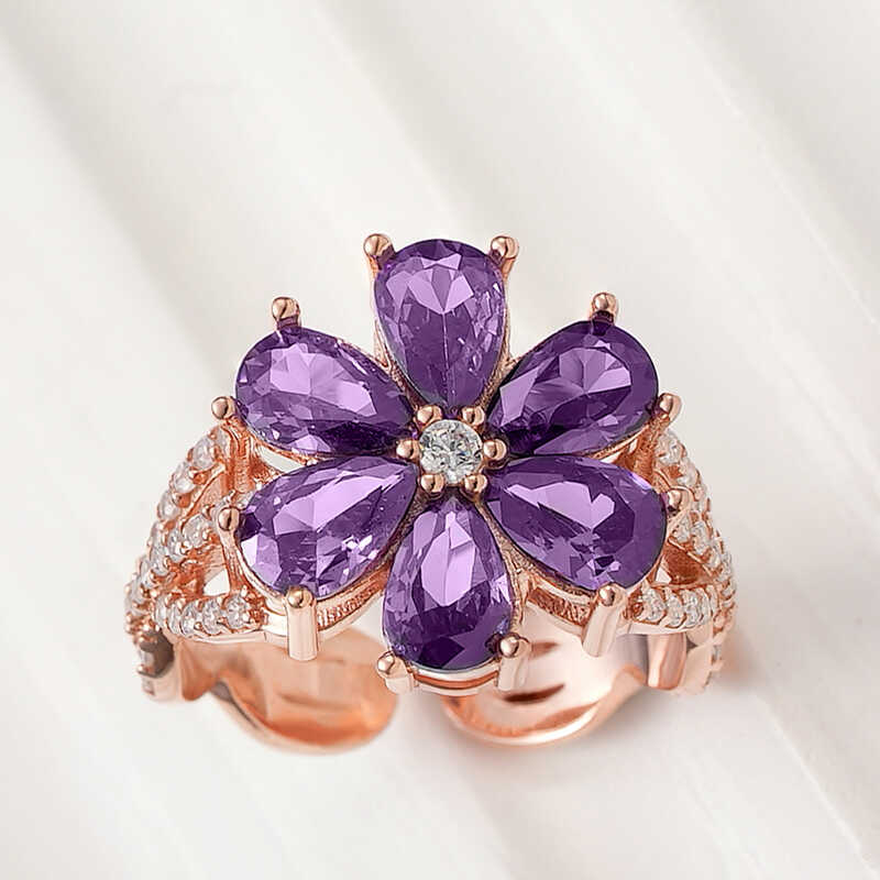 Silver Rose Purple Sevgi Flower Women's Ring