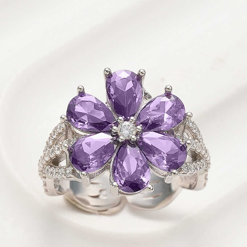 Silver Purple Sevgi Flower Women's Ring