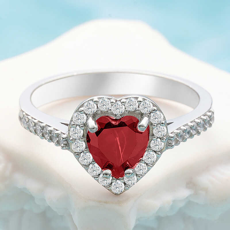 Silver Red Stone-set Heart Women's Ring
