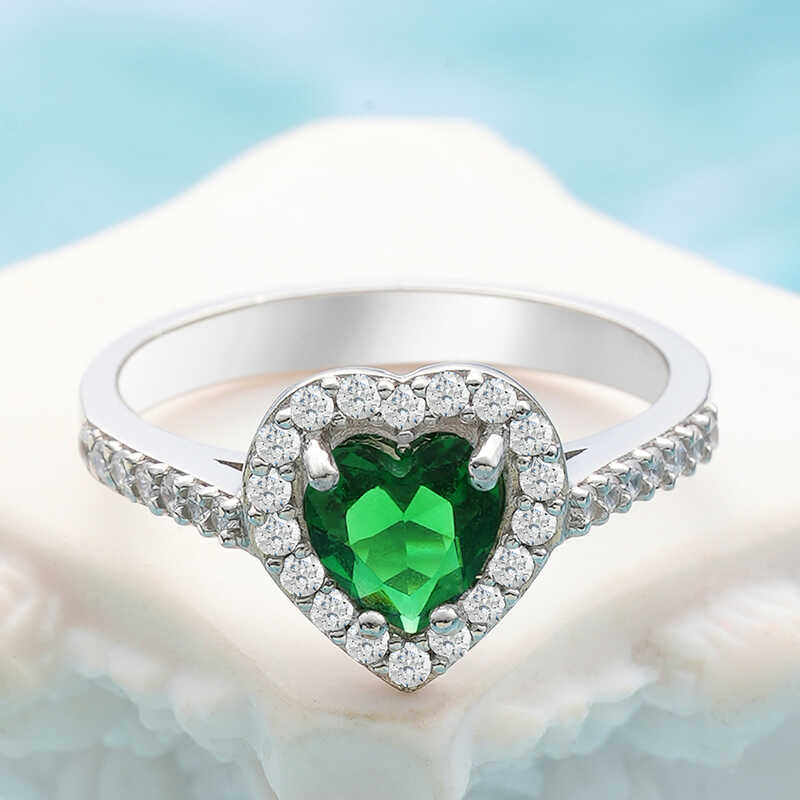 Silver Green Stone-set Heart Women's Ring
