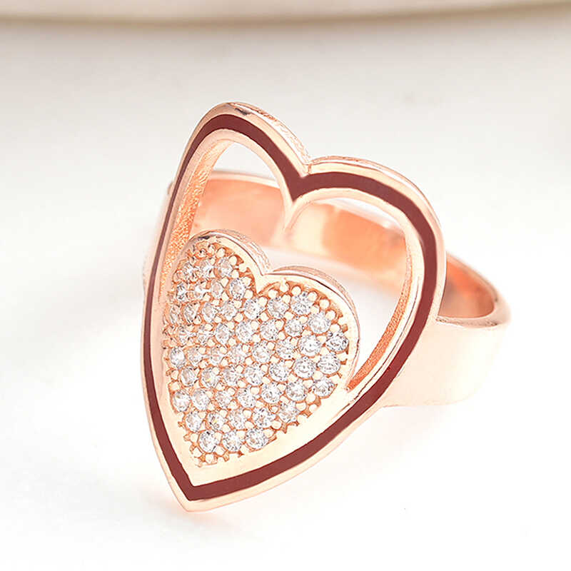 Silver Rose White Stone-set Heart Women's Ring
