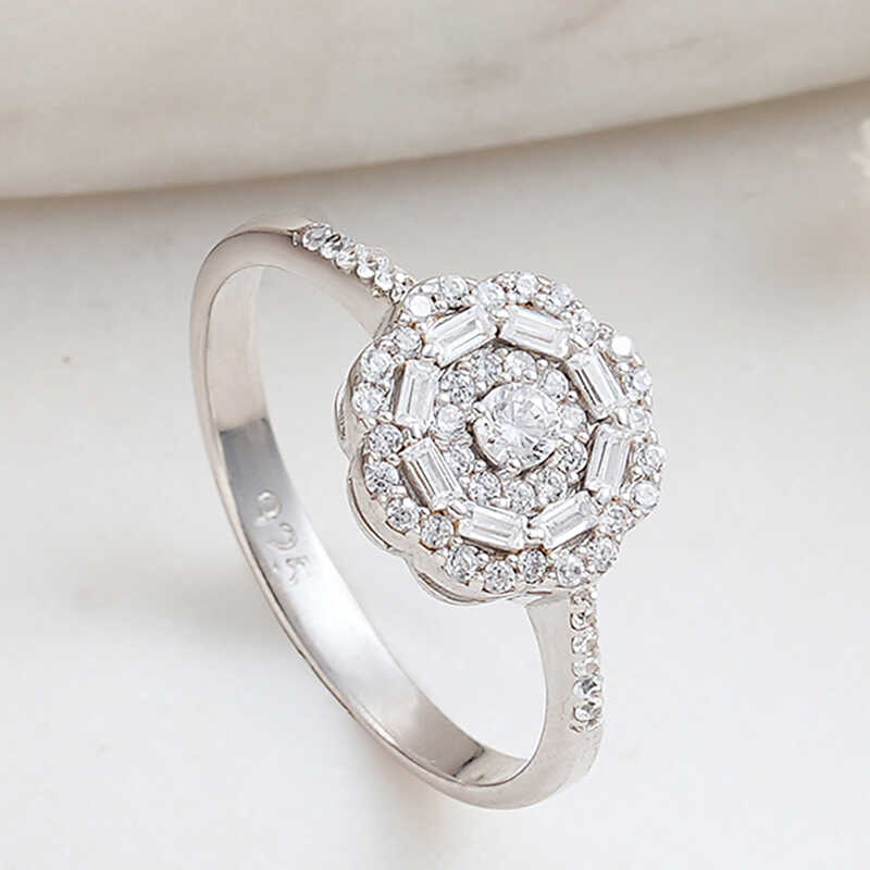 Silver Zircon Stone-set Flower Women's Ring