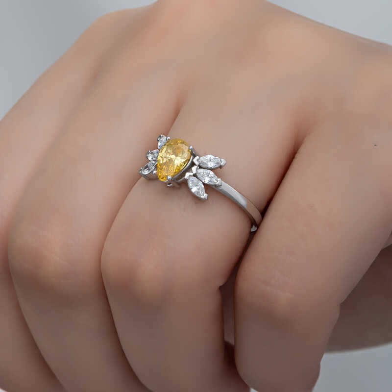 Silver Yellow Drop Zircon Stone-set Women's Ring