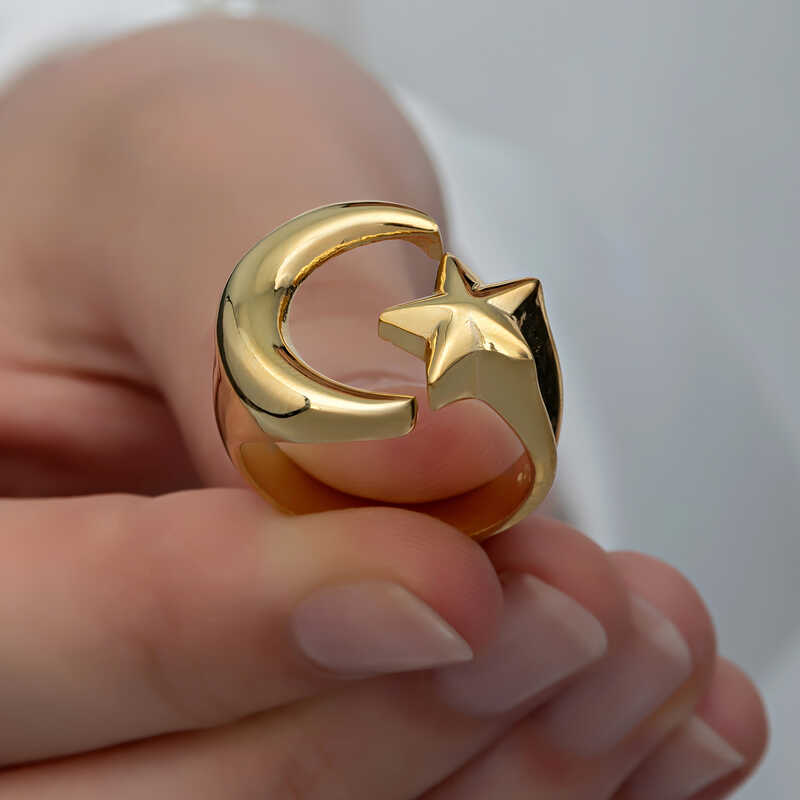 Silver Gold Star and Crescent Women's Ring