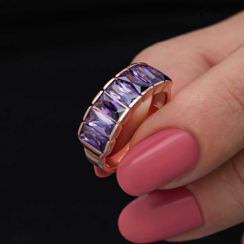 Silver Rose Baguette Amethyst Stone-set Women's Ring