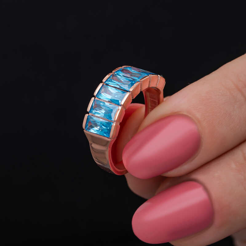 Silver Rose Baguette Aquamarine Stone-set Women's Ring