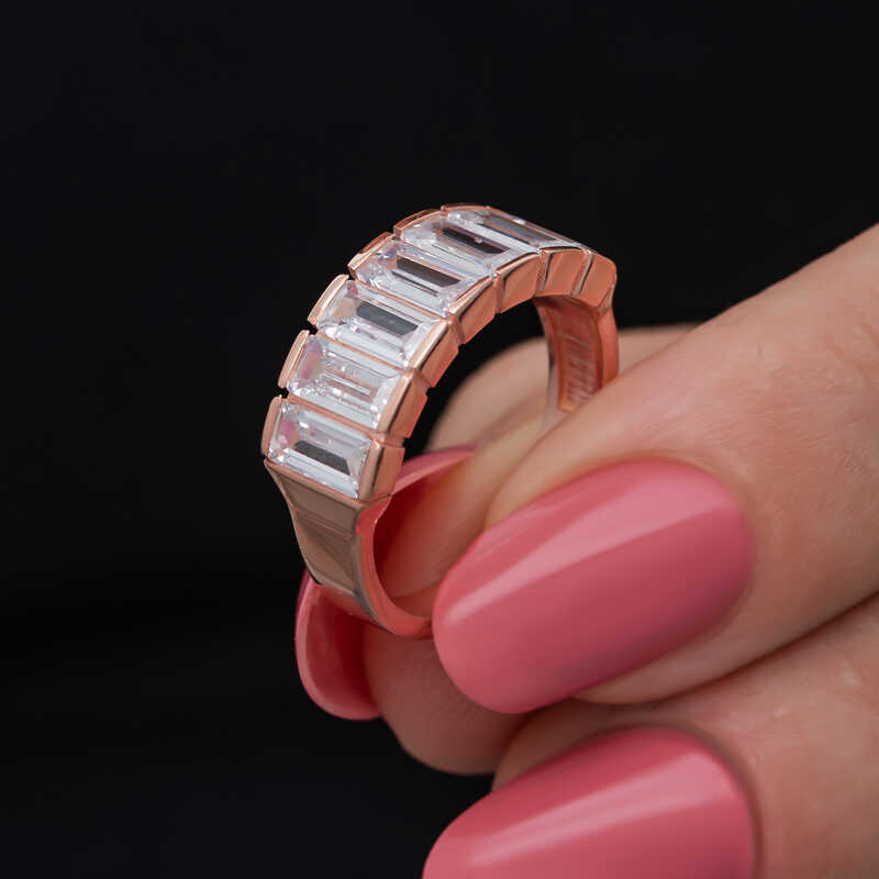 Silver Rose Baguette White Stone-set Women's Ring