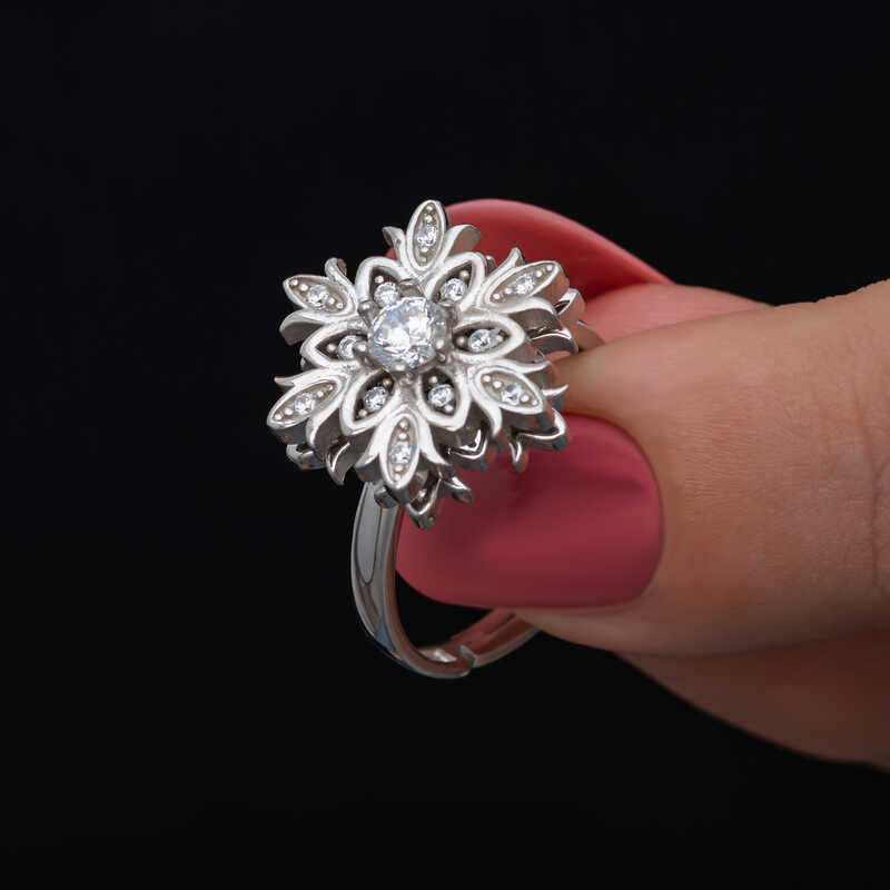 Silver Adjustable Snow Flake Dönen Stres Women's Ring