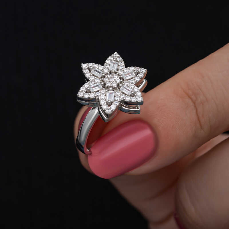​Silver Adjustable Star Baguette Stone-set Dönen Stres Women's Ring