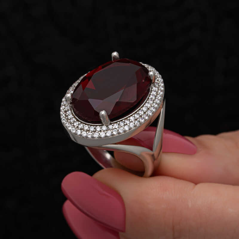 Silver Red Oval Stone-set Women's Ring