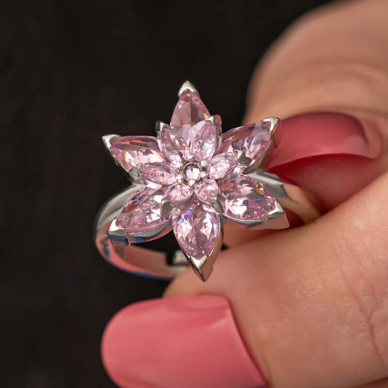 Silver Pink Lotus Flower Women’s Ring