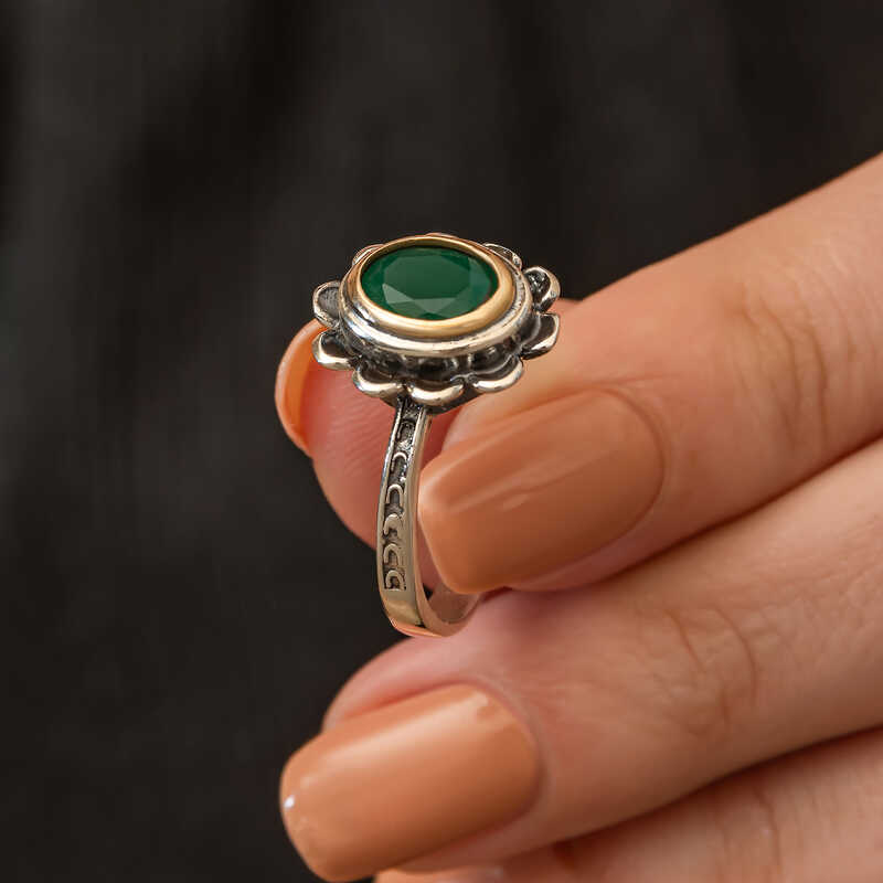 Silver Green Flower Patterned Authentic Women’s Ring