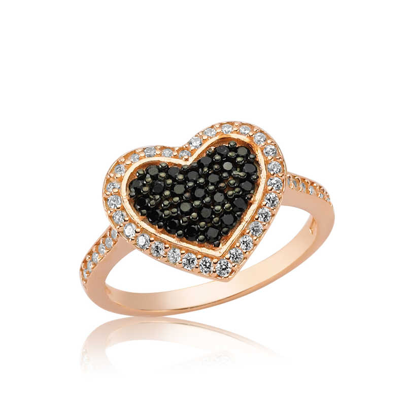 Silver Rose Black Stone Heart Women’s Ring