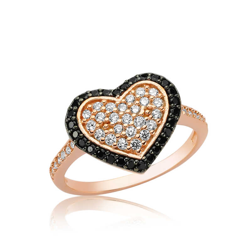 Silver Rose Black Stone Heart Women’s Ring