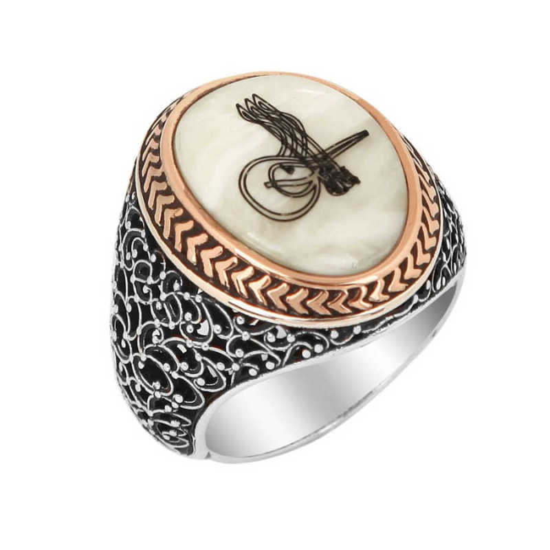 Silver Men’s Ring with a Tugra on Mother of Pearl