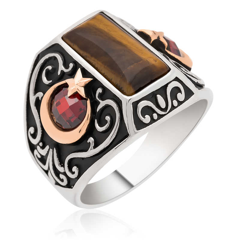 Silver Crescent Star Crest Tiger Eye Men’s Ring