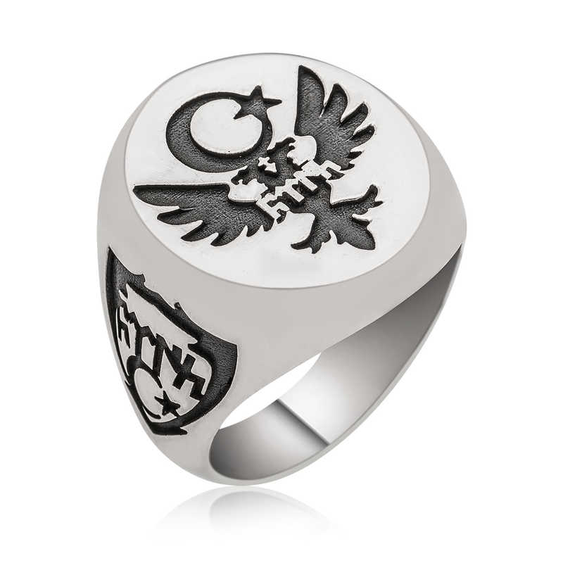 Silver Double Headed Eagle Crescent Star Men’s Ring