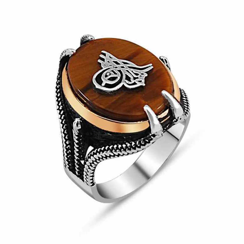 Silver Tiger Eye Stone Tughra Men’s Ring