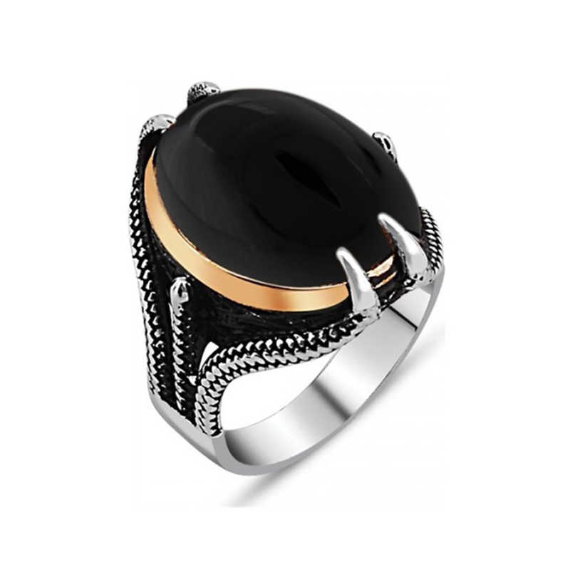 Silver Black Stone Eagle Claw Men’s Ring