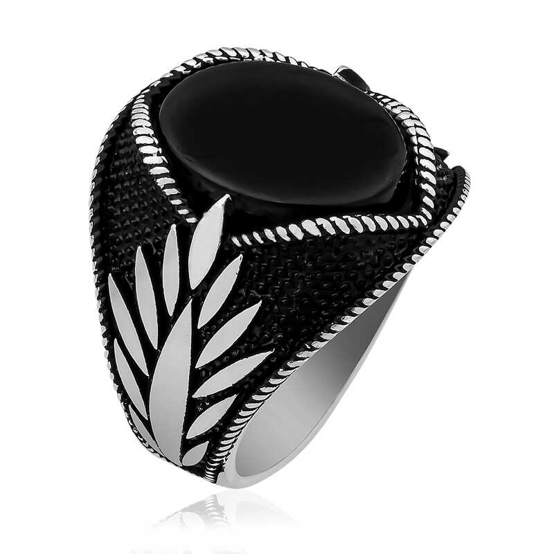 Silver Onyx Stone Embroidered Men’s Ring