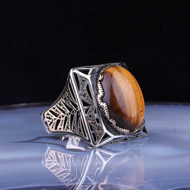 Silver Tiger’s Eye Stone Square Men’s Ring