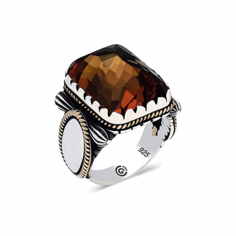 Silver Zircon Agate Stone Square Men’s Ring