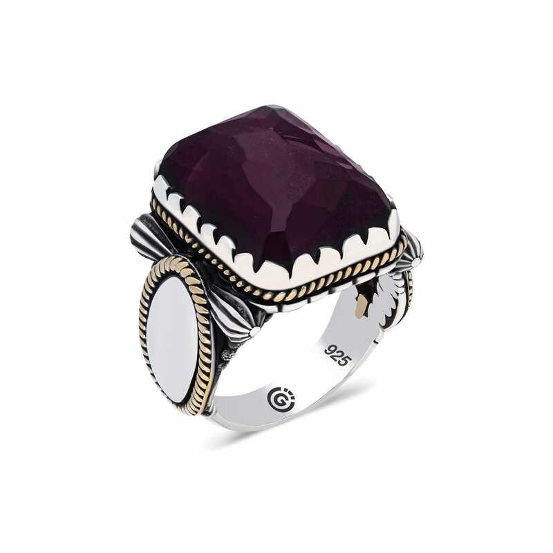 Silver Burgundy Stone Angled Men’s Ring