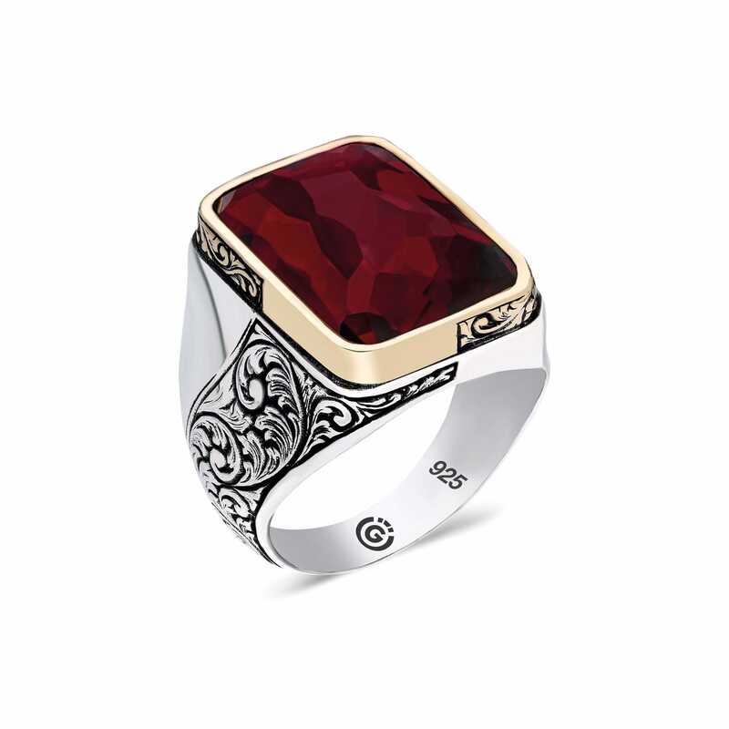 Silver Burgundy Stone Angled Men’s Ring